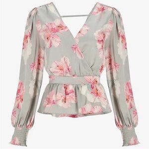 EXPRESS Floral Faux Wrap Blouse Tie Back Satin Peplum Top size S